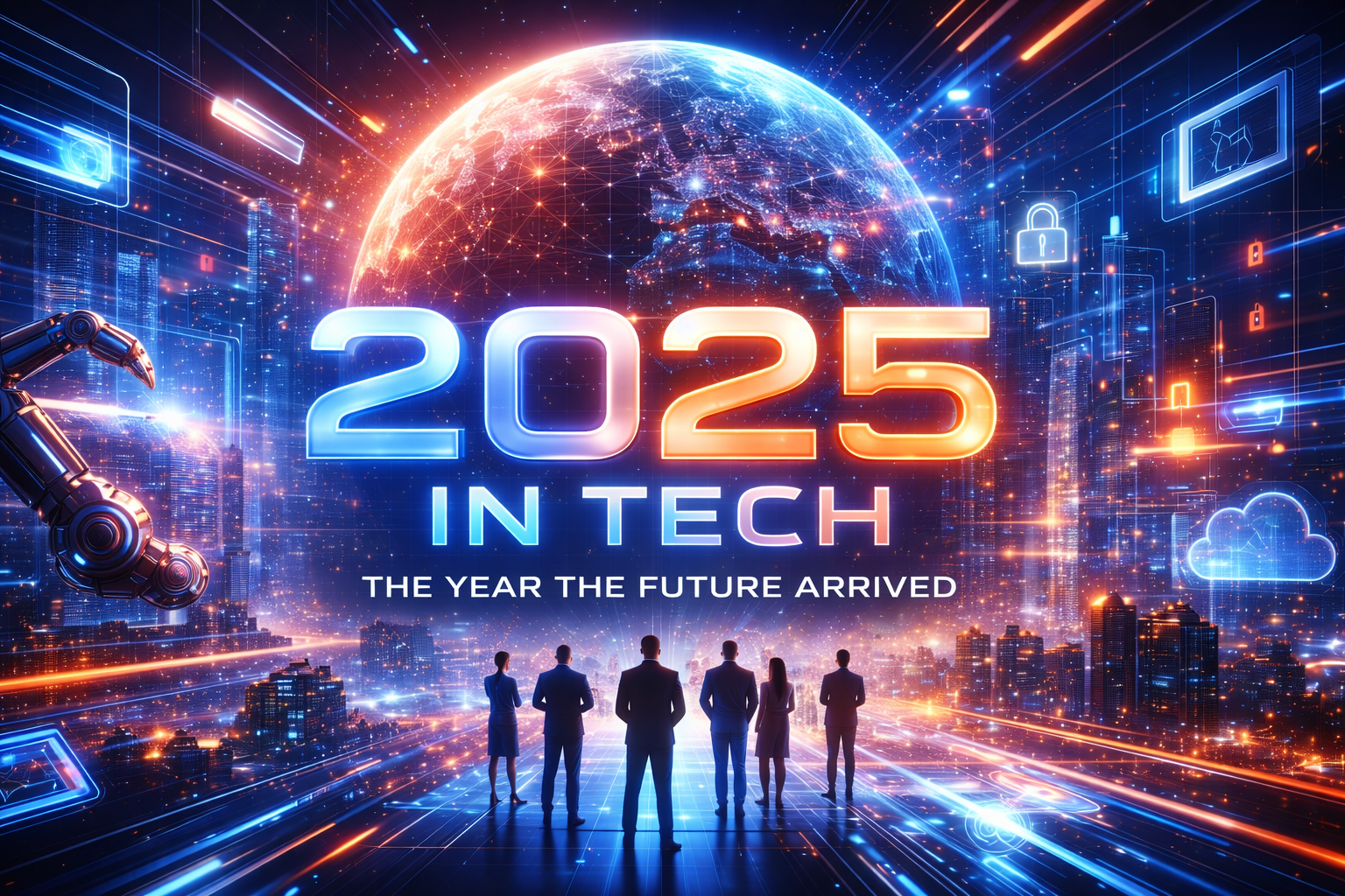 Futuristic cityscape with glowing digital networks and AI-driven technology representing major advancements in 2025 and the future of technology.