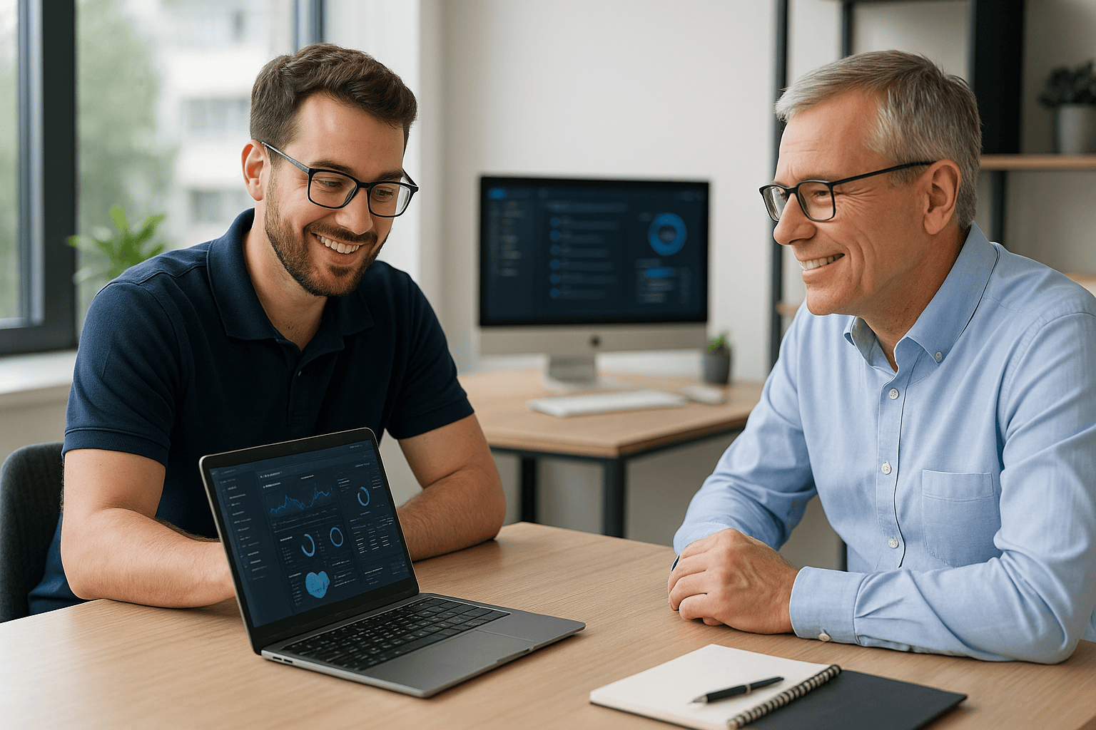 A friendly IT consultant and a business professional sit together at a modern desk, reviewing system dashboards on a laptop in a bright office. The scene conveys expert technology guidance and collaborative support.