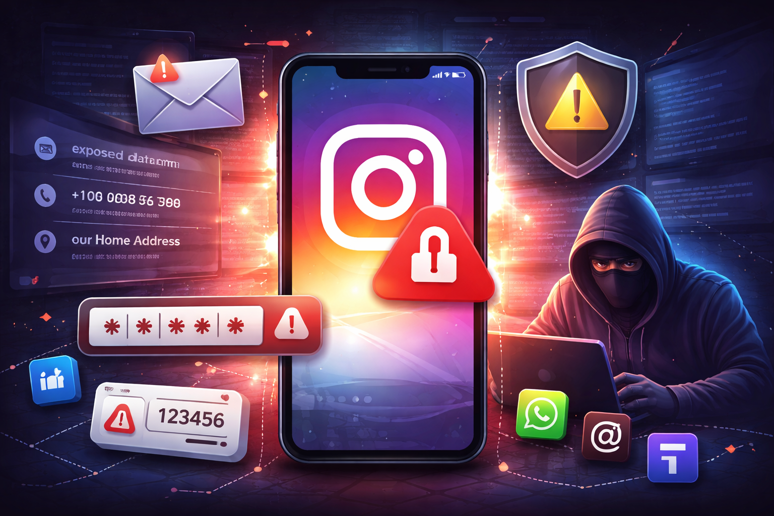Illustrative cybersecurity scene showing a smartphone with the Instagram app at the center, surrounded by security warning icons, password alerts, and linked social platforms, symbolizing account data exposure and credential abuse risks.