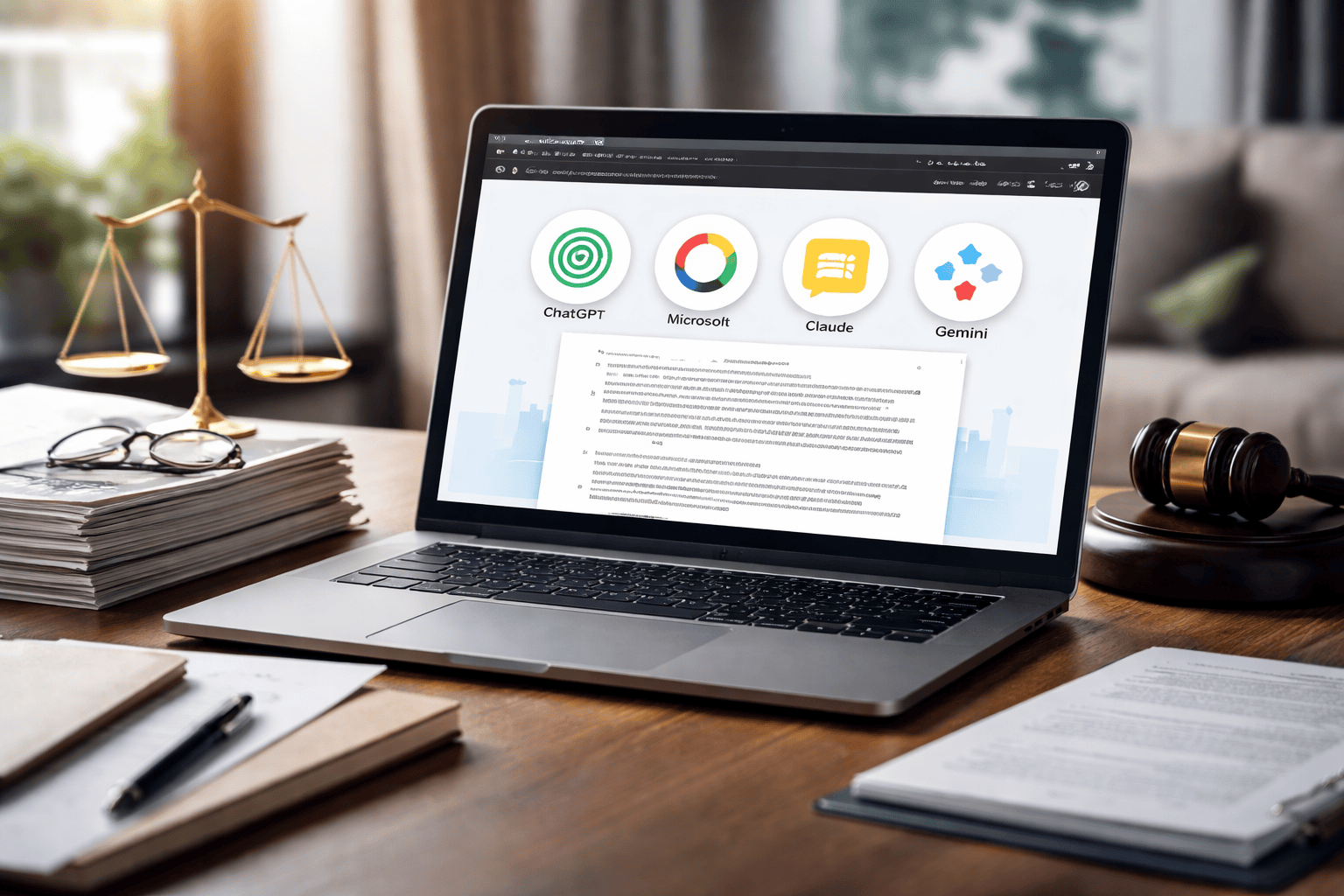 AI-assisted review of a legal agreement on a laptop in a professional office setting.