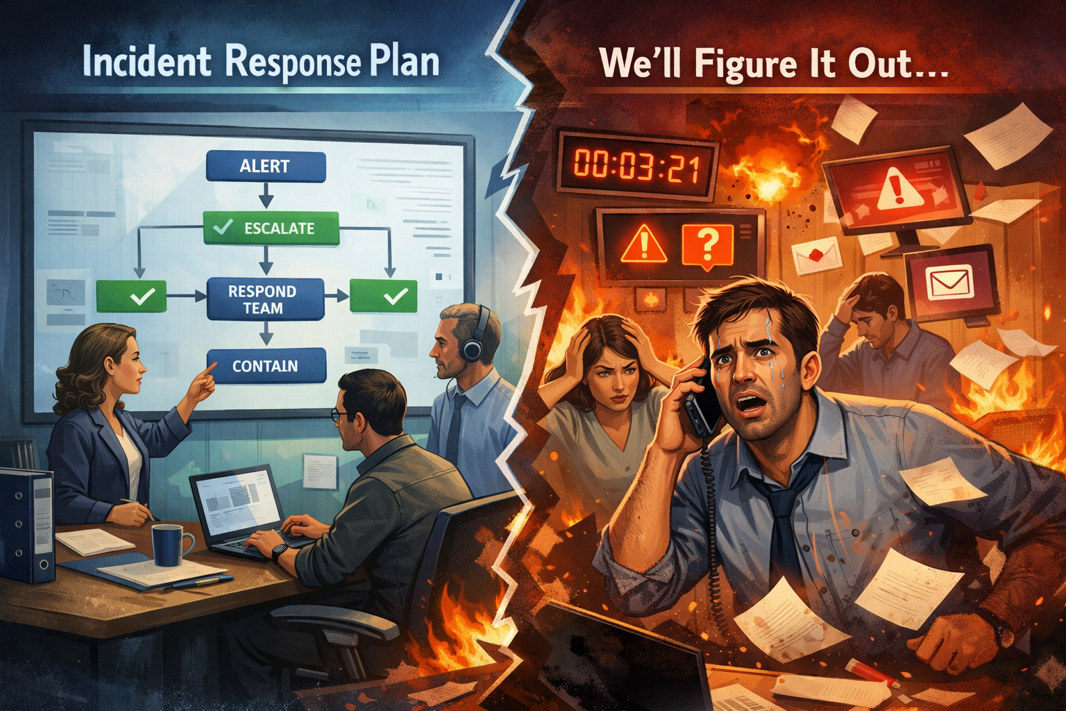 Illustration showing a calm, structured incident response team following a documented escalation plan contrasted with a chaotic office reacting under pressure without clear guidance.