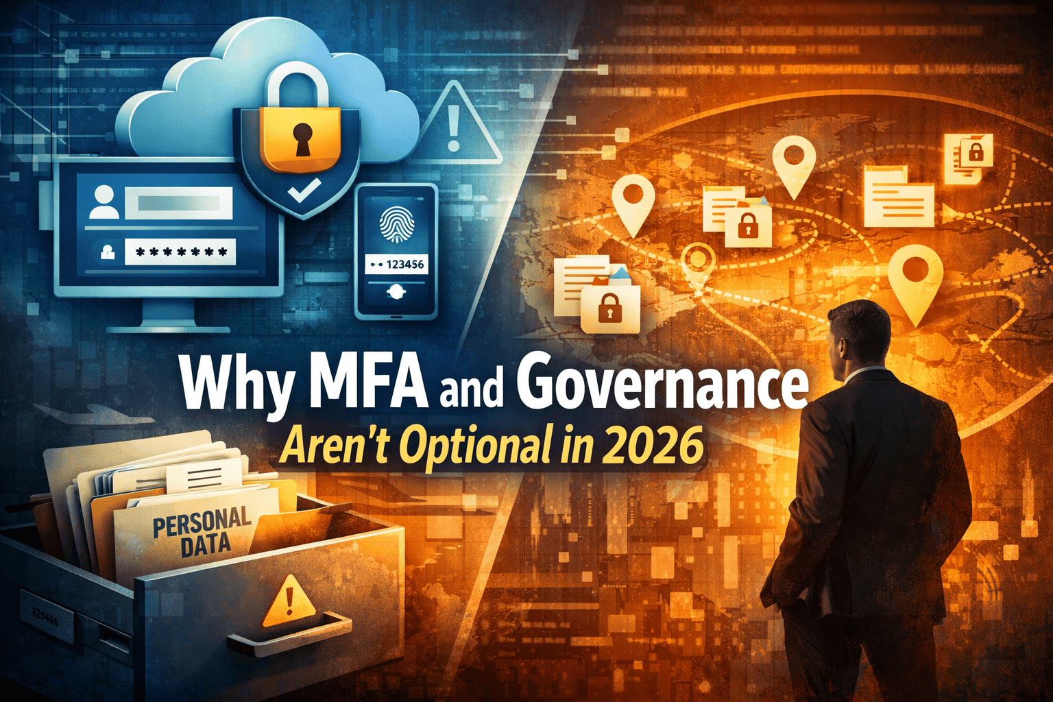 Illustration showing cloud security with multi-factor authentication alongside exposed data governance risks, highlighting how missing MFA and poor oversight can lead to credential theft and data exposure in modern organizations.