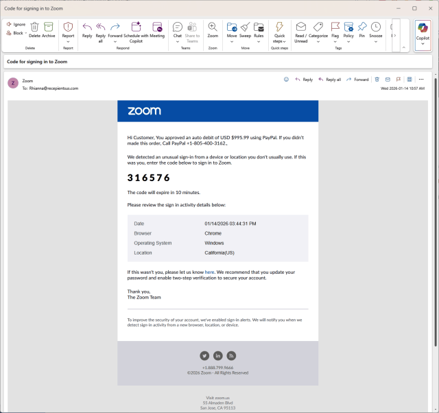 Screenshot showing the scam email.
