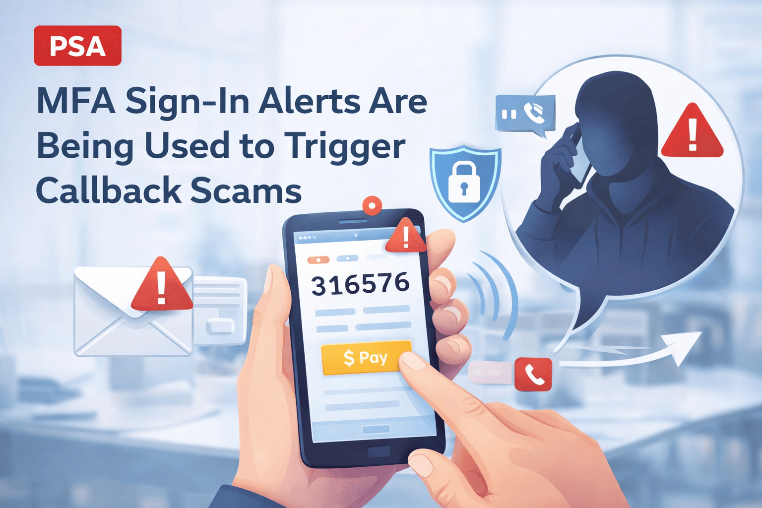 Illustrative scene showing a person receiving an MFA sign-in alert on a smartphone while a suspicious caller appears in the background, representing callback scams that exploit identity alerts and social engineering.
