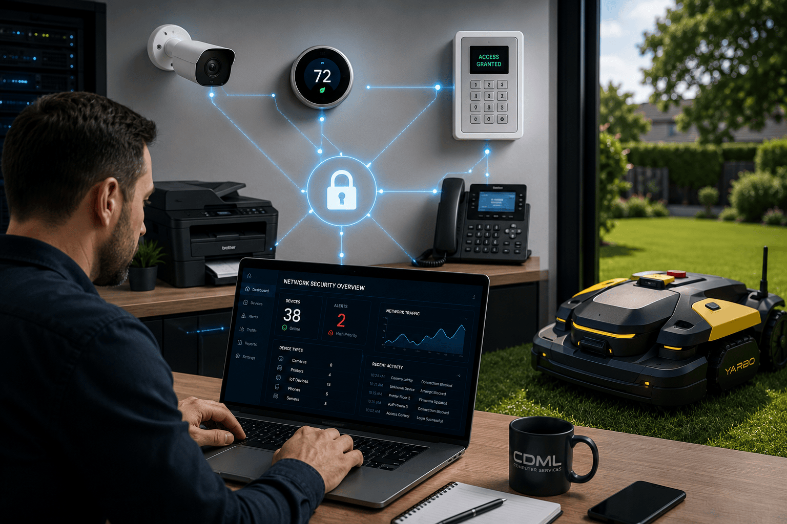 IT technician monitoring smart office devices and a robotic lawn mower to illustrate IoT cybersecurity risks.