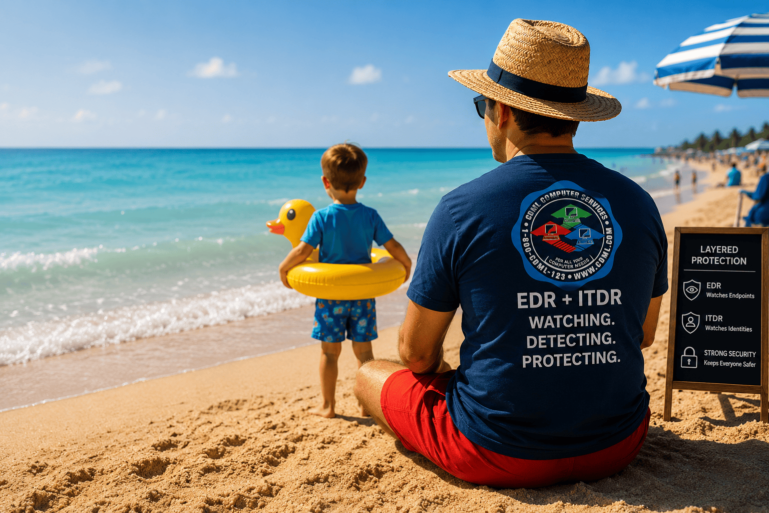 Parent watching child with inflatable float at the beach, symbolizing EDR and ITDR as active cybersecurity monitoring and protection.
