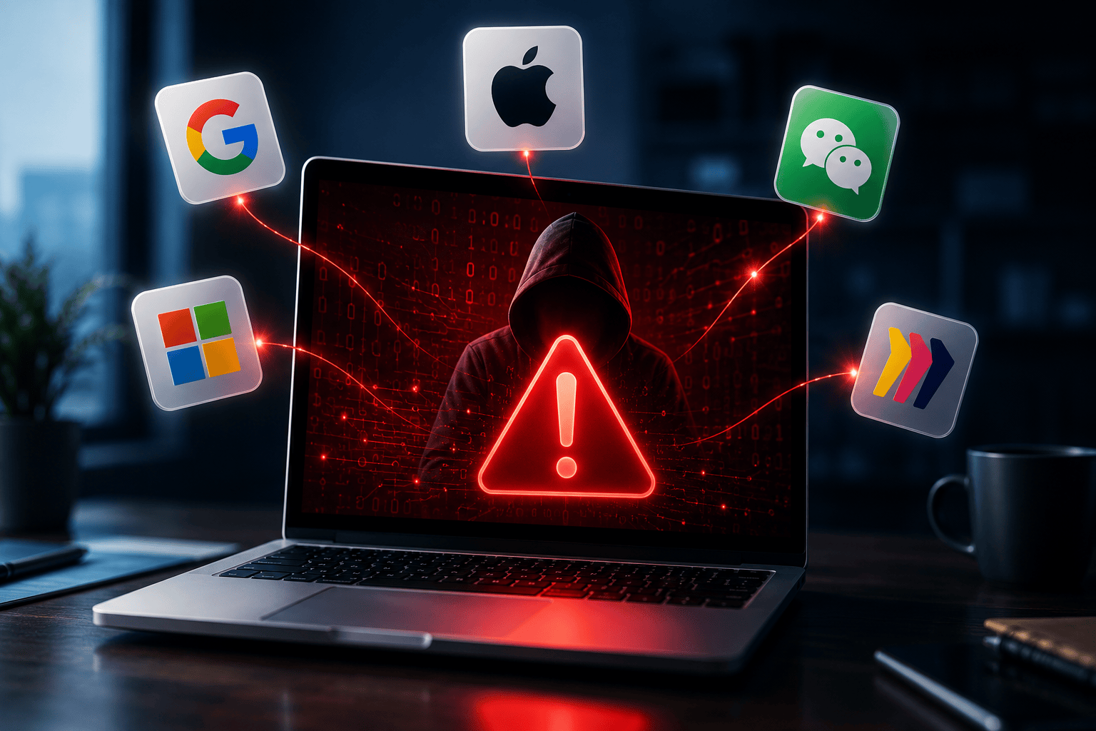 MacBook laptop showing a red cyber warning with a shadowy hacker figure and spoofed trusted app icons, representing rising scam and malware threats targeting Mac users.