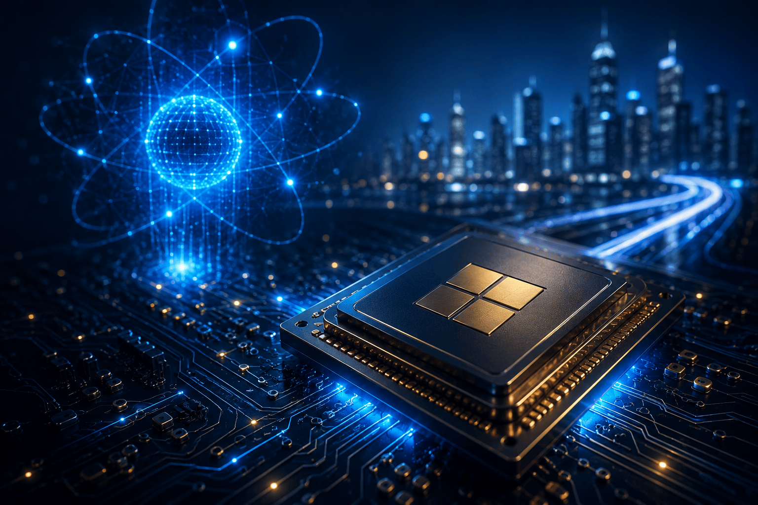 Futuristic quantum computing chip glowing on a circuit board with digital data trails and a city skyline, symbolizing strategic IT planning and cybersecurity readiness.