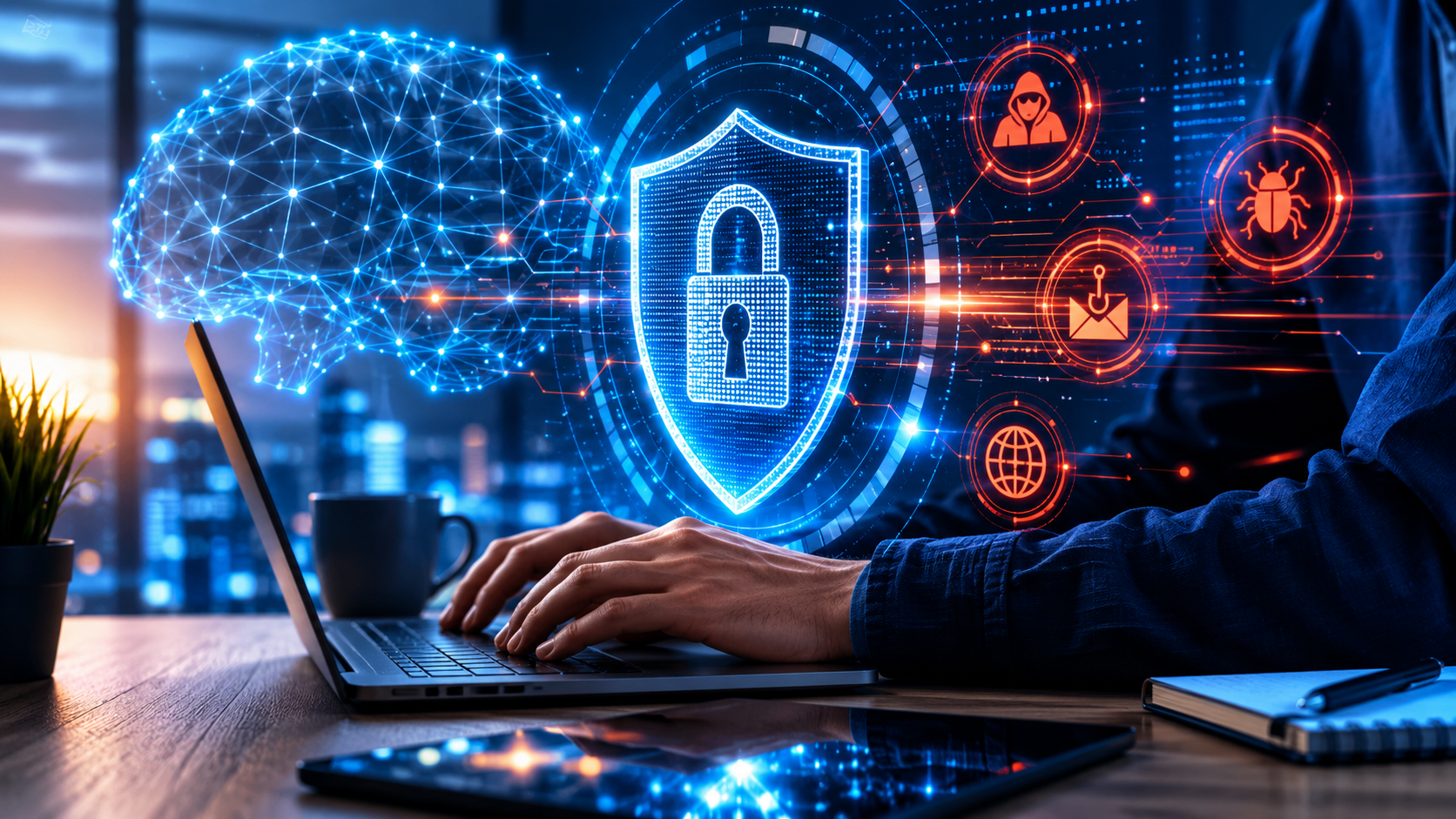 AI cybersecurity protection concept with laptop, digital shield, and network threat icons showing faster vulnerability detection and response.