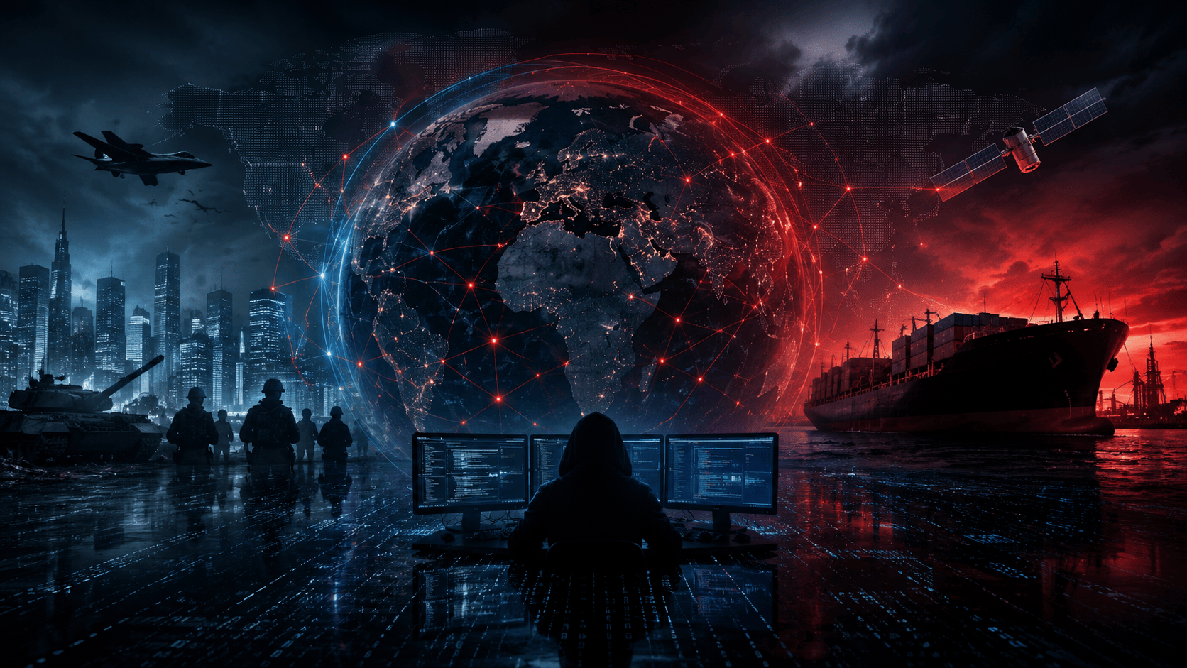 Global cyber warfare concept with digital network, hacker silhouette, military imagery, and supply chain risk in the age of AI.