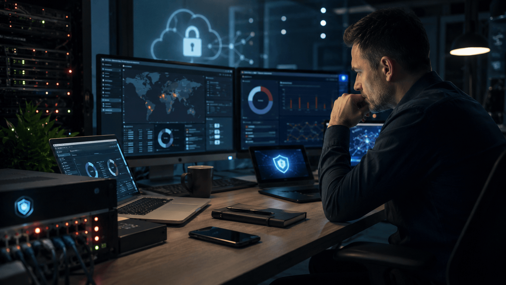 IT professional monitoring cybersecurity dashboards for patch management and vulnerability protection.