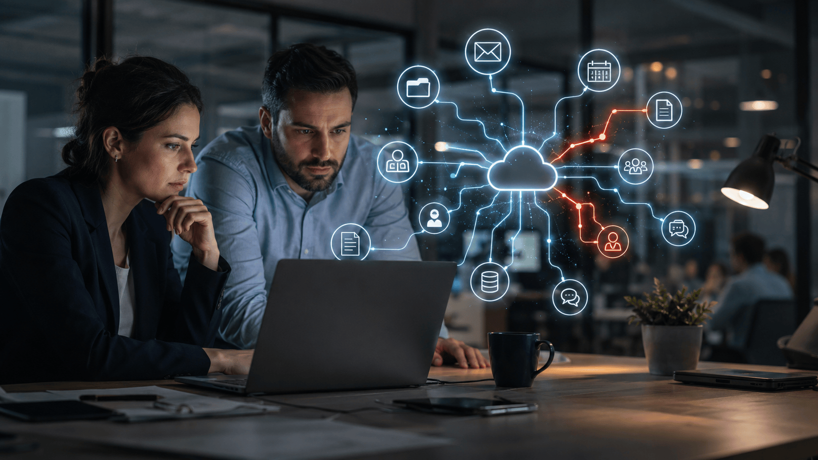 Business team reviewing cloud application connections and hidden data exposure risks in a cybersecurity office setting.