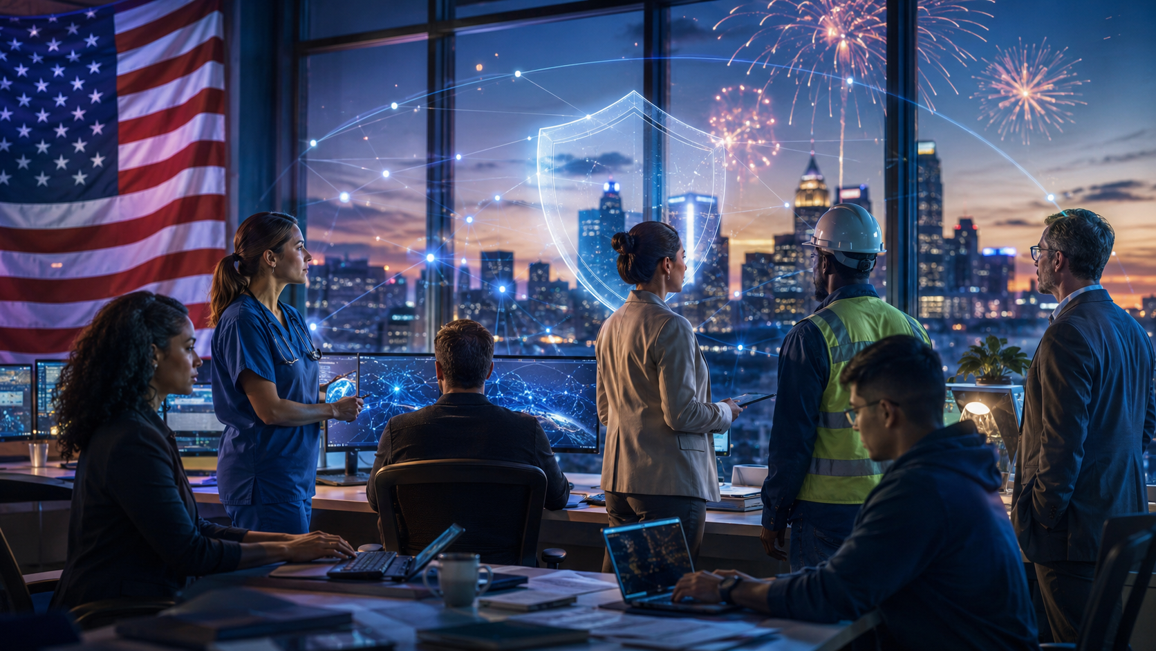Patriotic cybersecurity team protecting America’s organizations from digital threats during Independence Day.