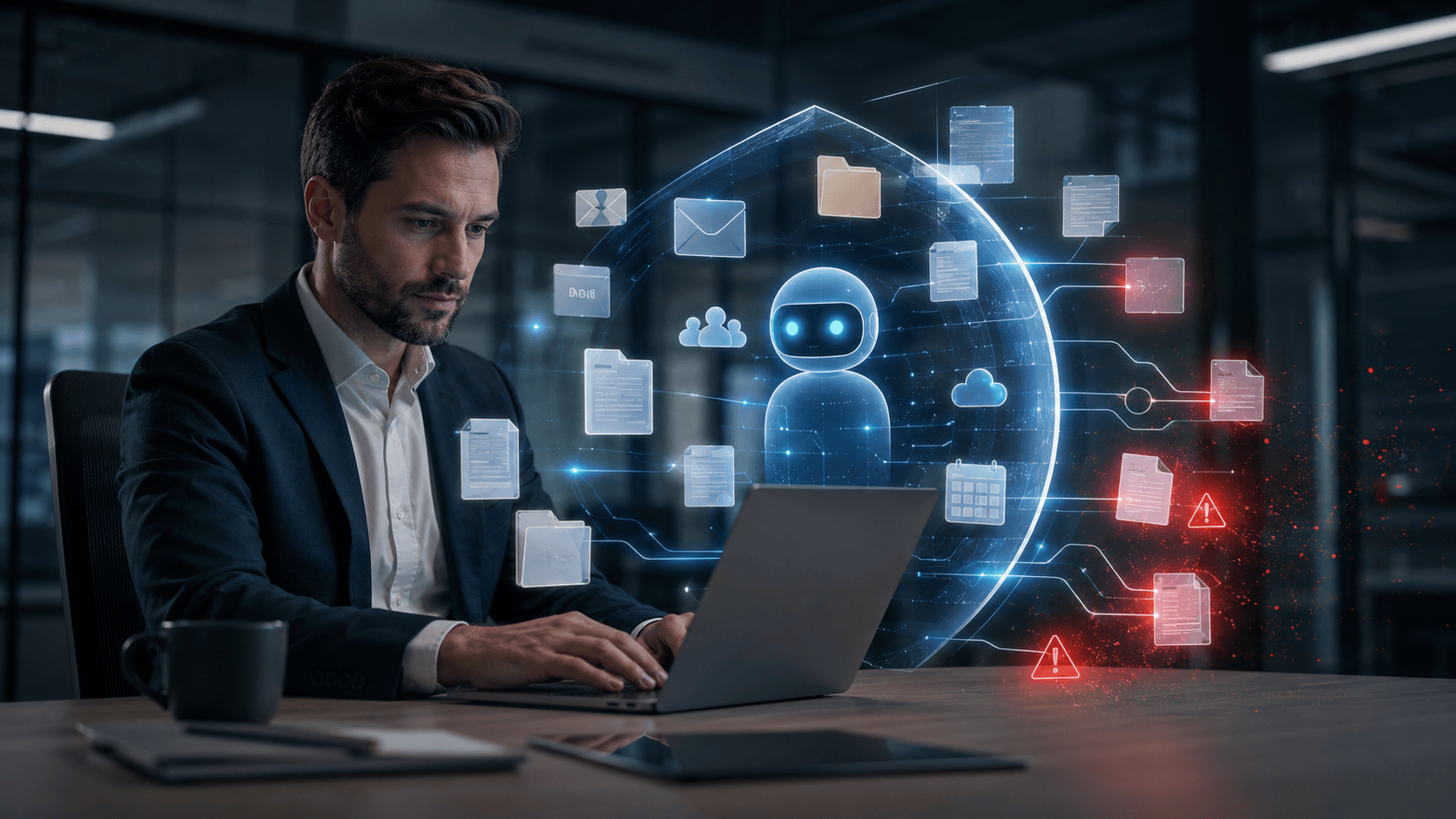 A business professional using an AI assistant protected by digital security guardrails.