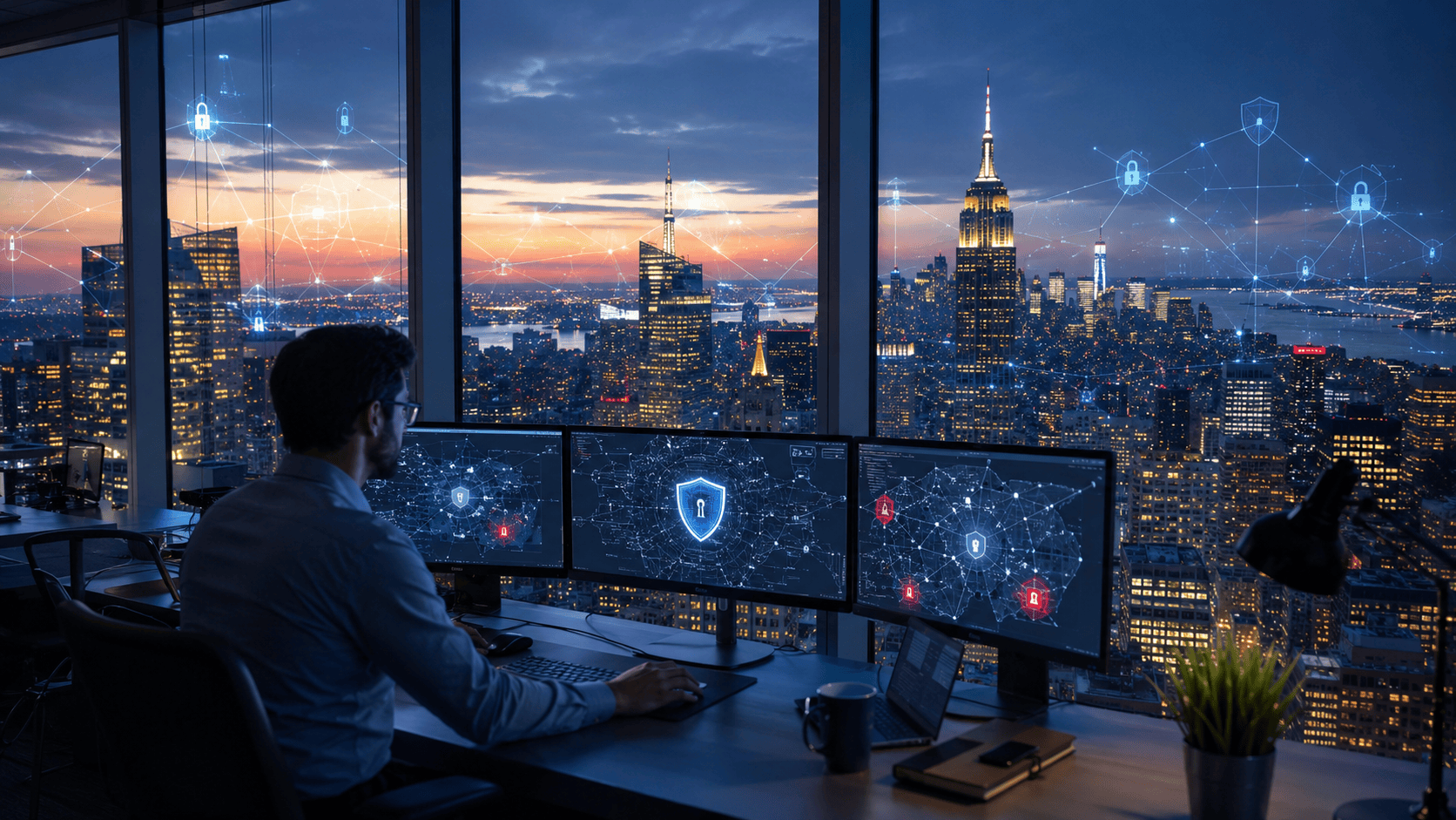 Cybersecurity professional monitoring threat alerts in a high-rise office overlooking the New York City skyline at dusk.