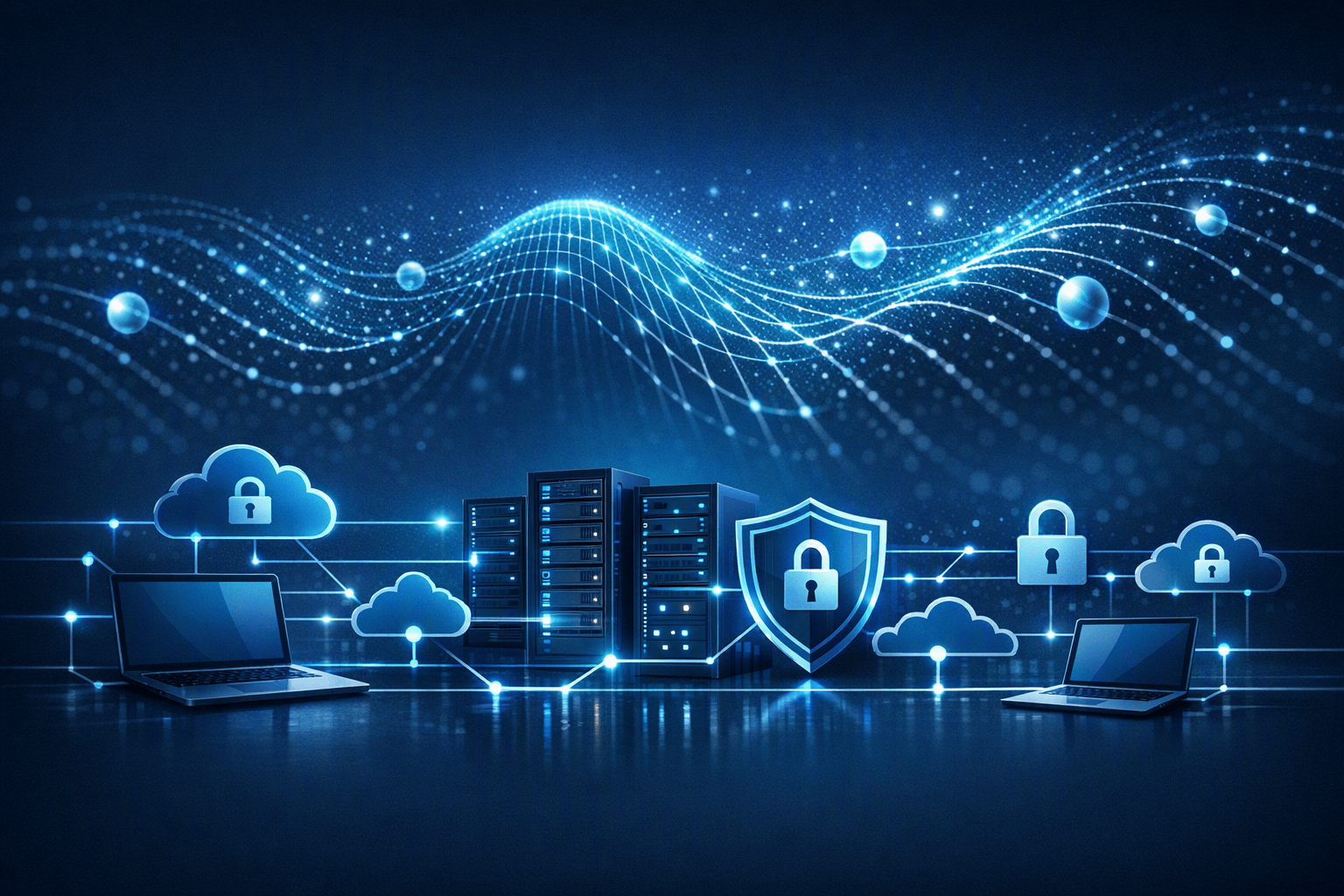 Connected business systems and encryption locks with a quantum computing pattern in the background.