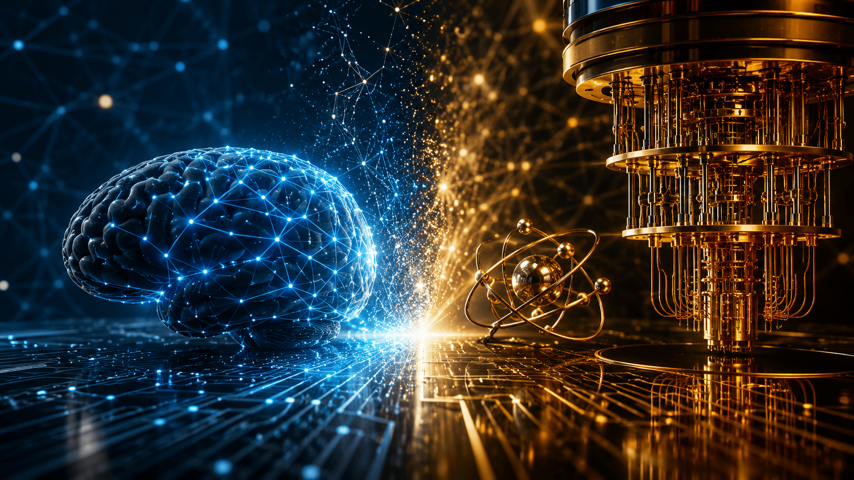 Artificial intelligence and quantum computing technologies converging, symbolizing emerging cybersecurity threats, encryption risk, and business security planning.