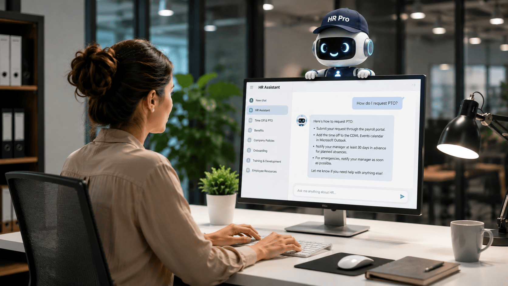 Business professional using an AI HR assistant chatbot in a modern office, with a friendly robot agent helping answer employee policy questions.