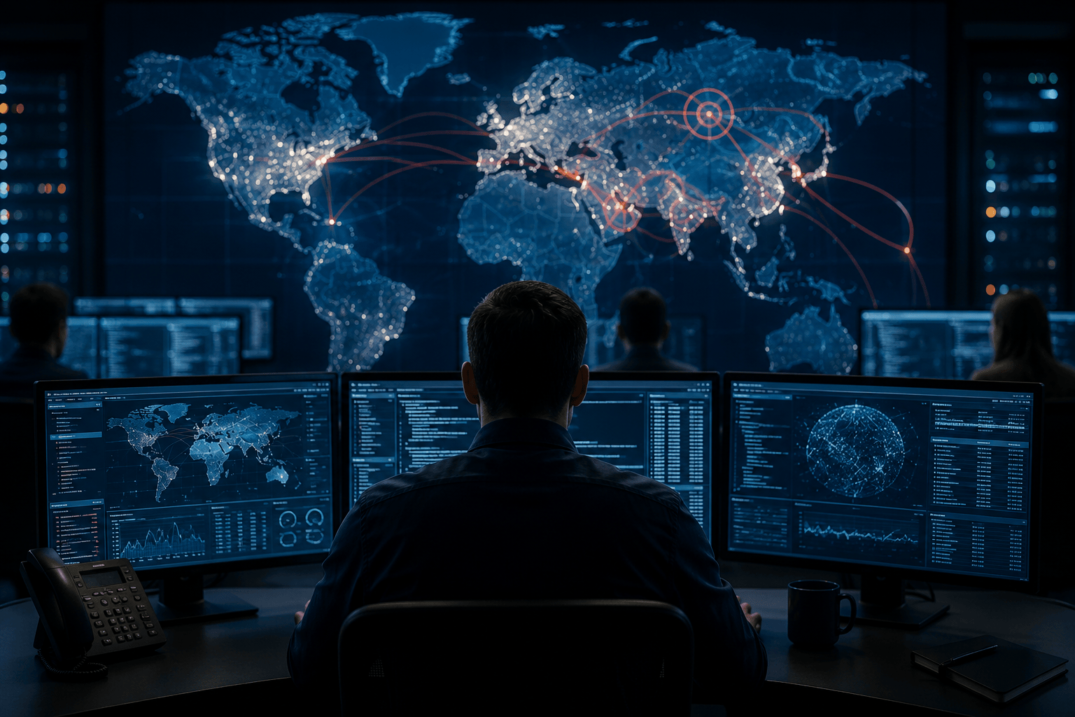 Cybersecurity analyst monitoring global cyber threats from a high-tech security operations center with a digital world map representing international cyber espionage and network attacks.