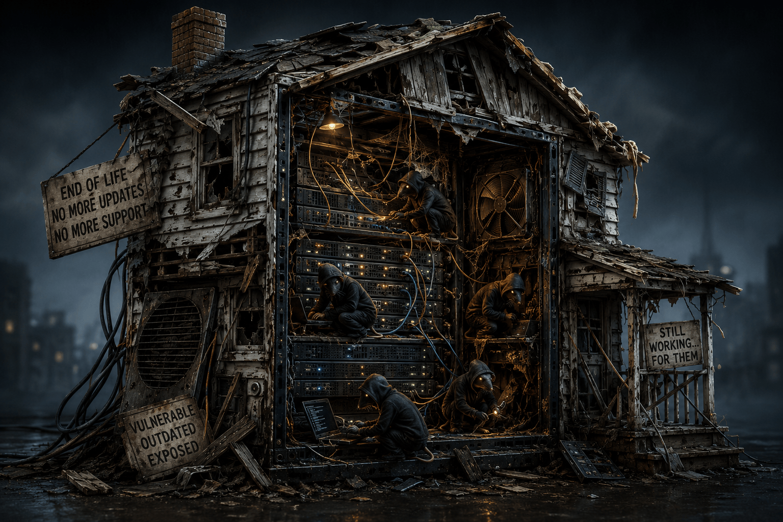 Dilapidated server shaped like a crumbling old house, with hacker-like intruders moving through exposed equipment and tangled wiring.