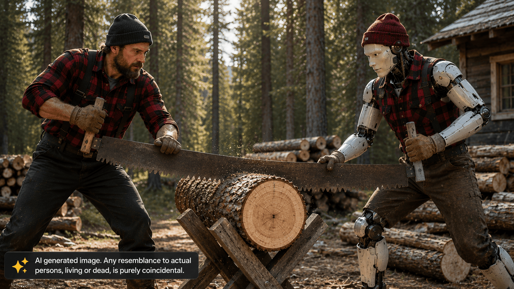Human lumberjack and humanoid robot working together to cut a log with a two-person saw, symbolizing collaboration between people and AI.