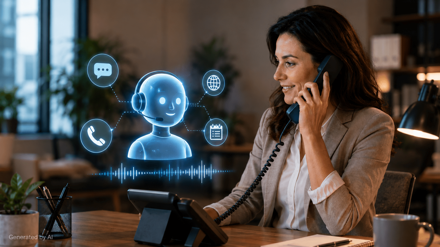 AI phone agent assisting a business caller through a modern VoIP phone system in a professional office.