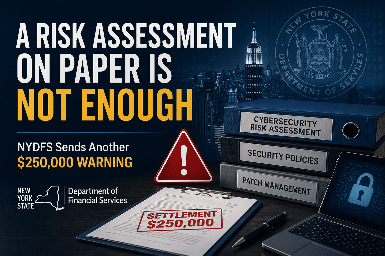 NYDFS cybersecurity risk assessment with compliance documents, security policies, patch management, and a warning that paperwork alone is not enough.