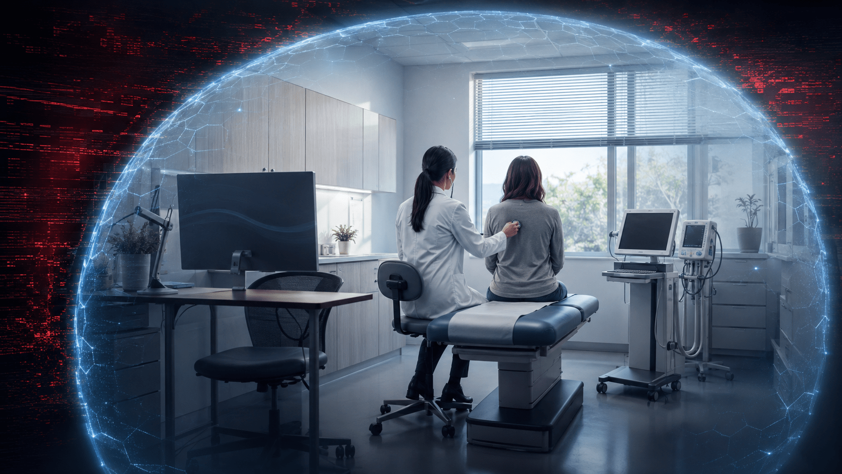 Doctor caring for a patient inside a protected medical office shielded from external cyber threats.