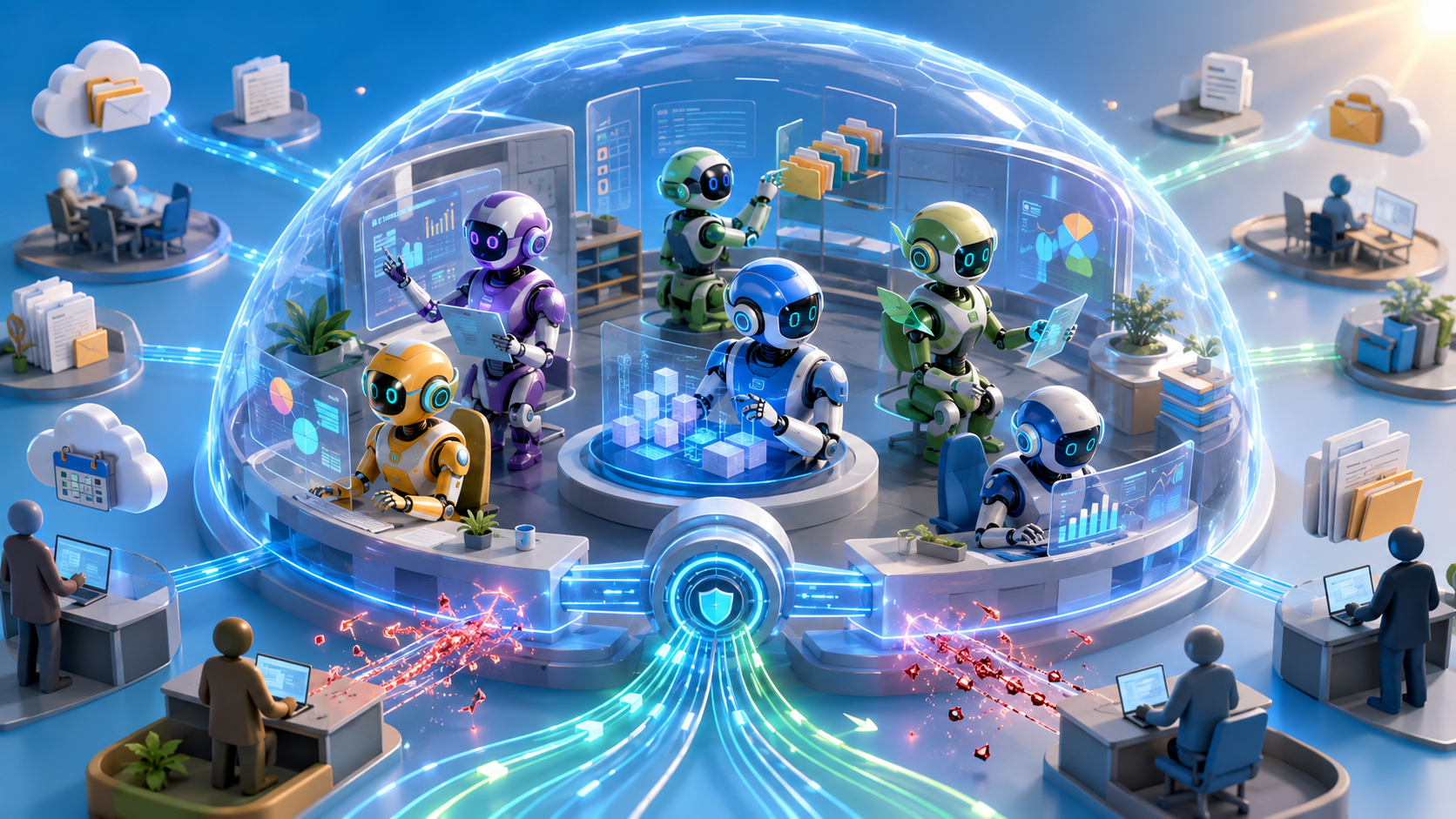 Friendly androids representing multiple AI models work inside a secure forcefield while managed user and business-data connections pass through a protected gateway.