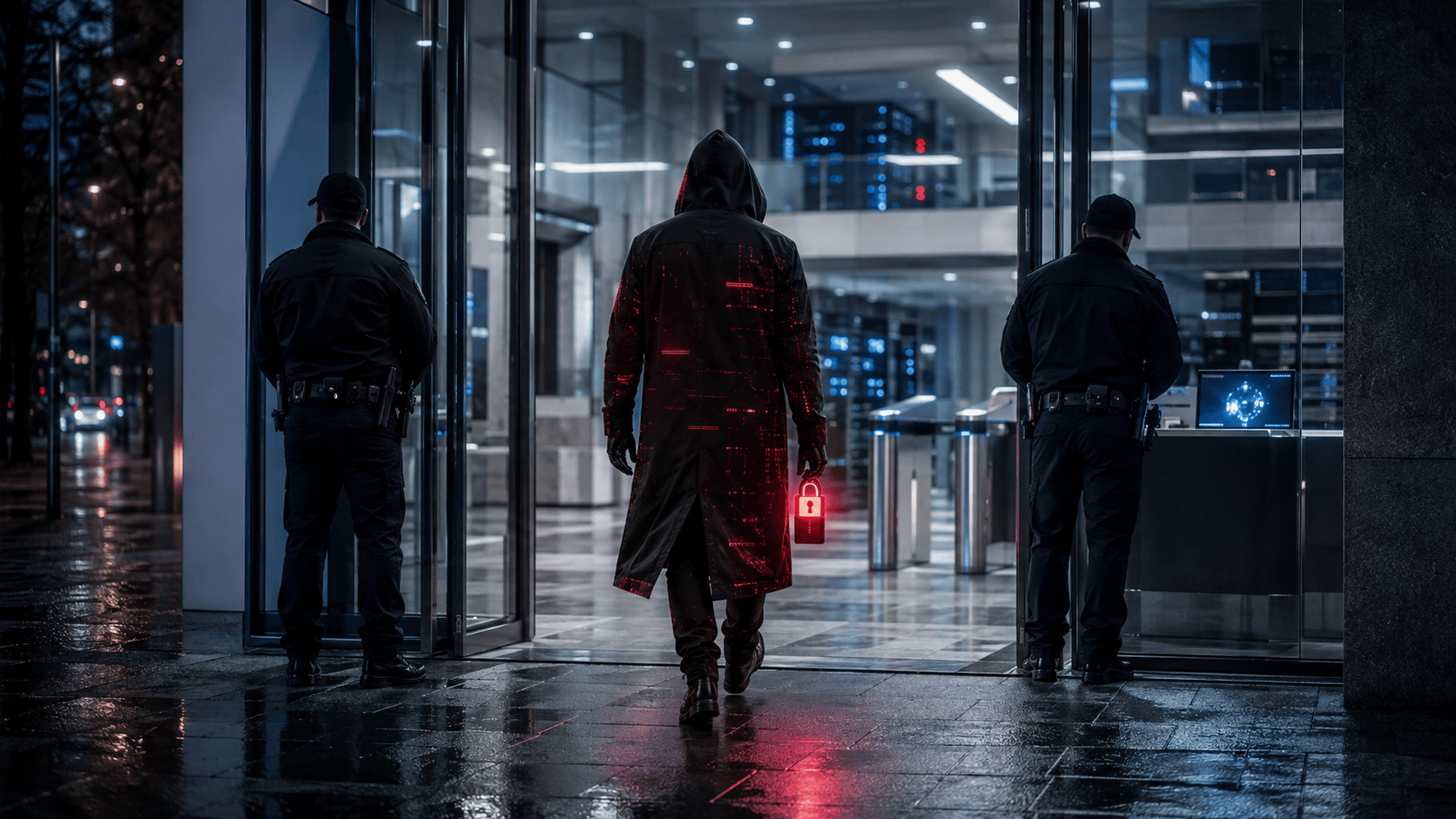 Hooded ransomware attacker carrying a glowing red padlock walks through an office entrance unnoticed by security guards.
