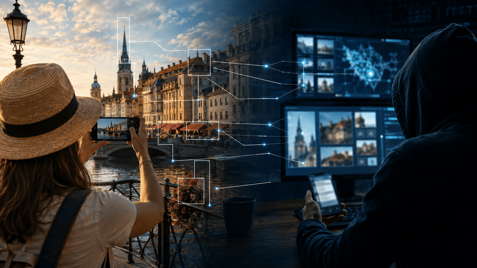 A traveler photographs a European waterfront while AI analysis extracts visual location clues and transmits them to a hidden cybercriminal.