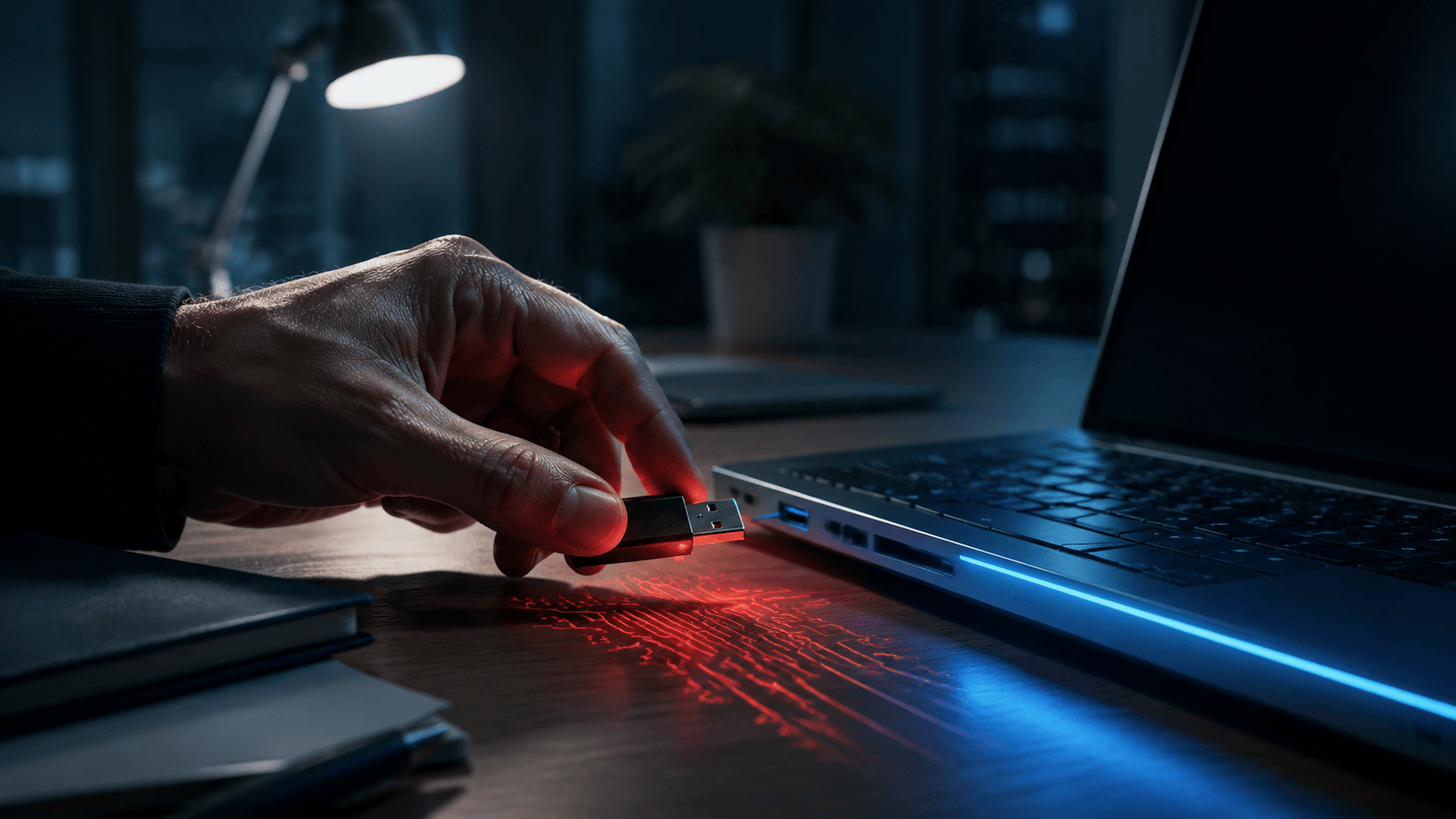 Hand holding an unknown USB drive near a laptop port, with red circuit-like light suggesting a hidden cyber threat.