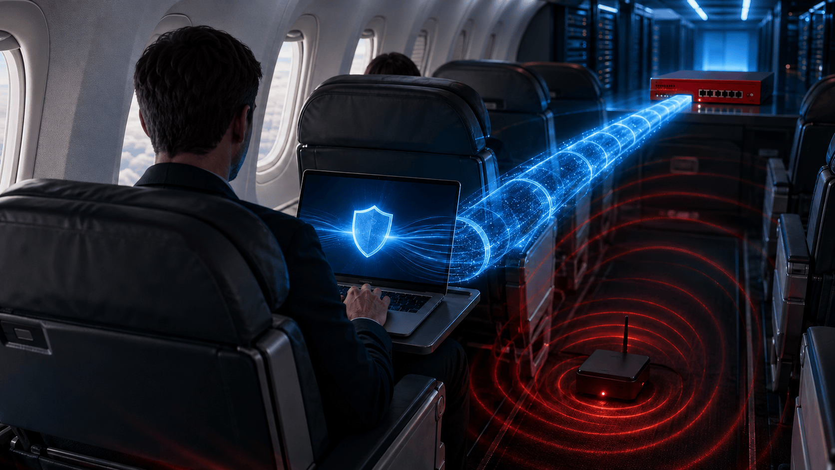 Business traveler uses a laptop aboard an airplane while a blue encrypted tunnel bypasses a rogue red wireless hotspot and connects to a secure firewall.