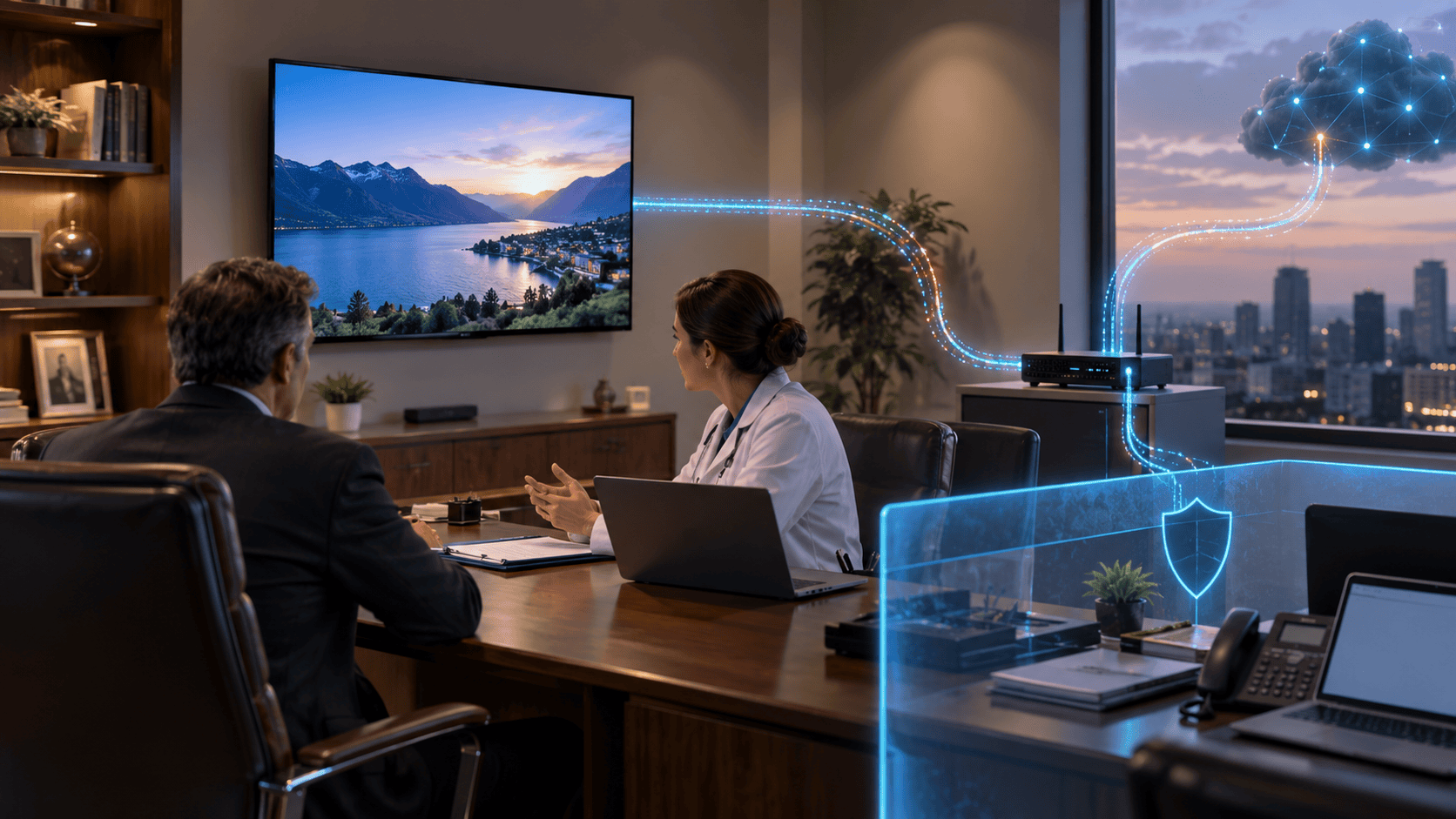 Executive and medical professional seated in an office beside a wall-mounted smart display, with visualized network connections surrounding the room.