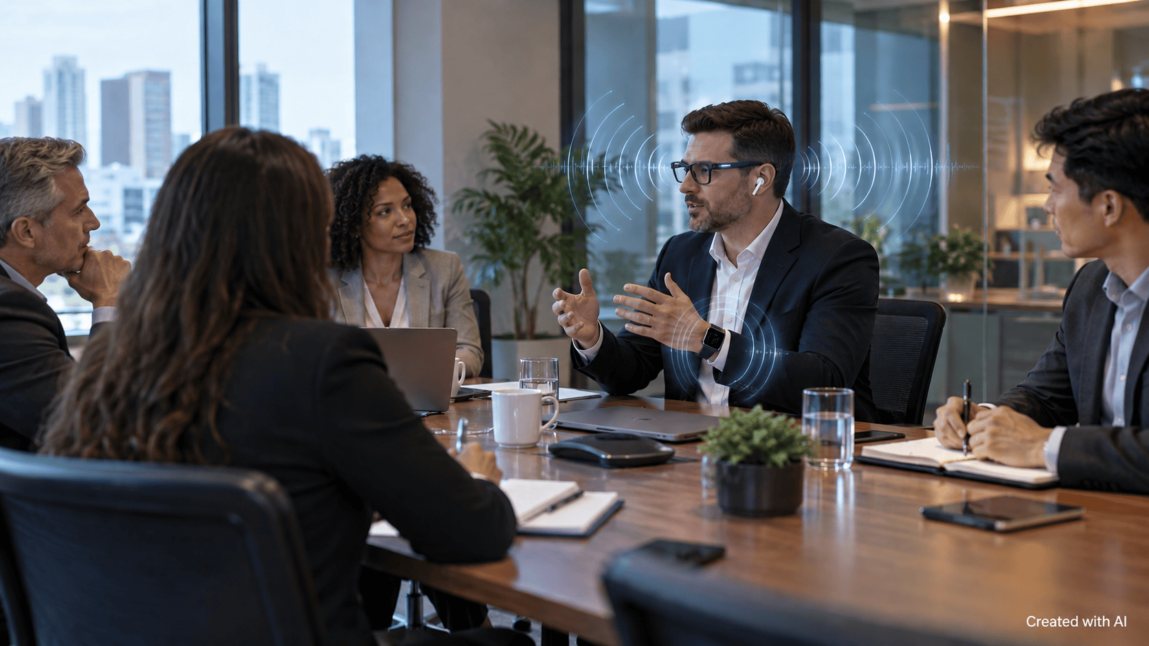 Business meeting participant wearing smart glasses, earbuds, and a smartwatch while subtle audio-wave graphics suggest wearable devices listening to the conversation.