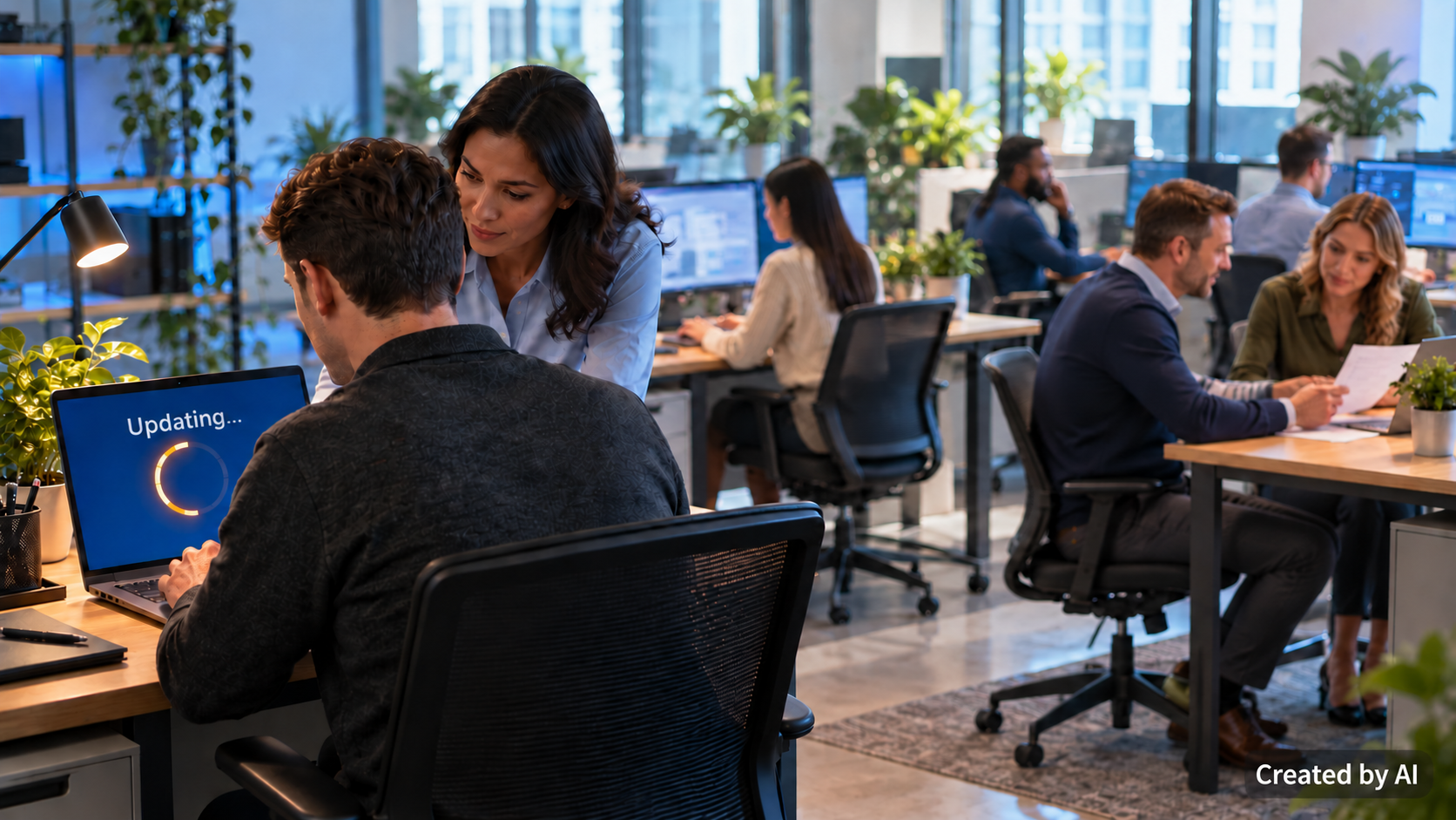 IT professional assisting an employee whose computer is installing an update in a busy modern office while other employees continue working.