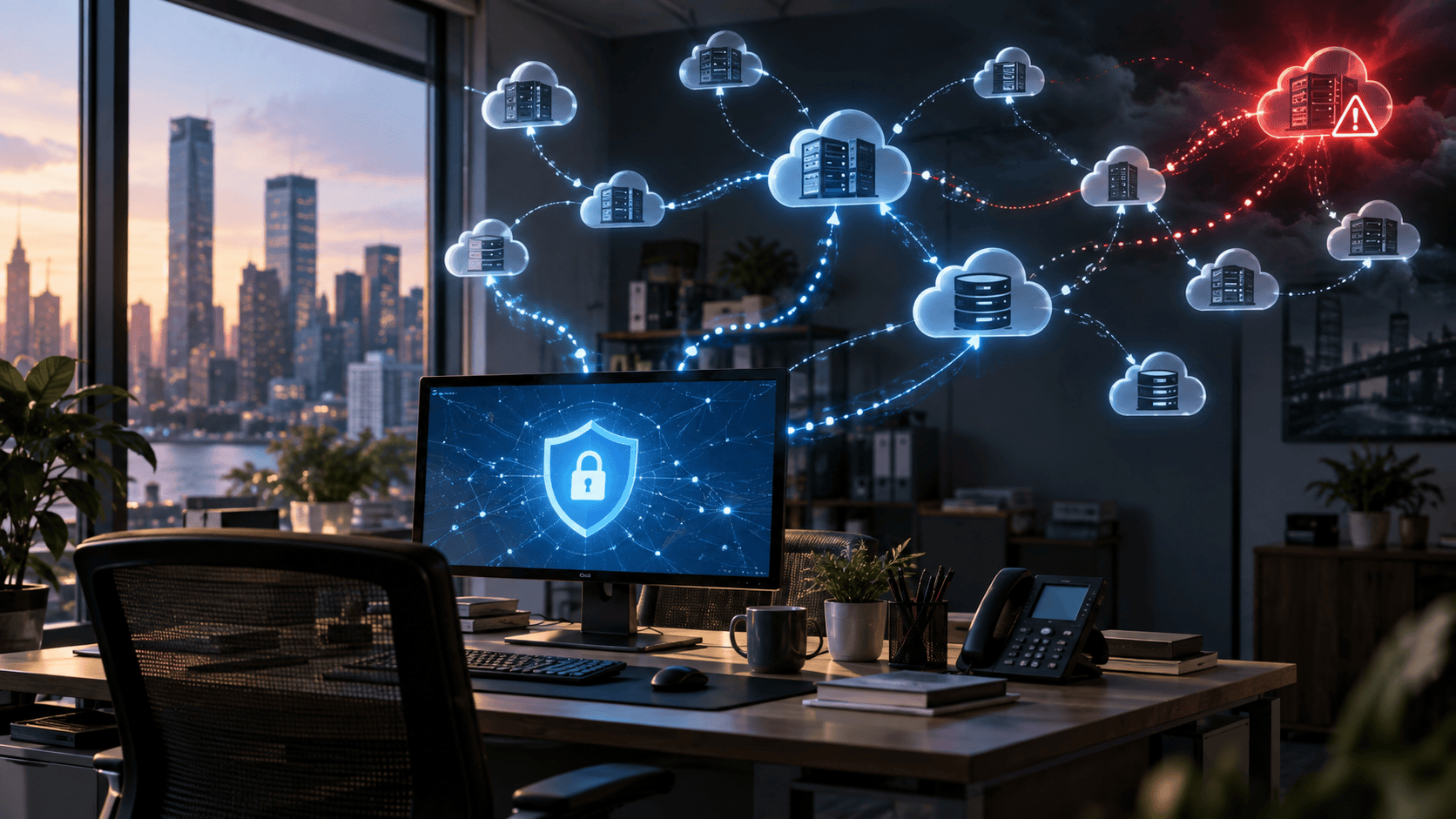 Modern office with a cybersecurity monitor connected to multiple cloud services, with one compromised provider highlighted in red to illustrate third-party vendor risk.