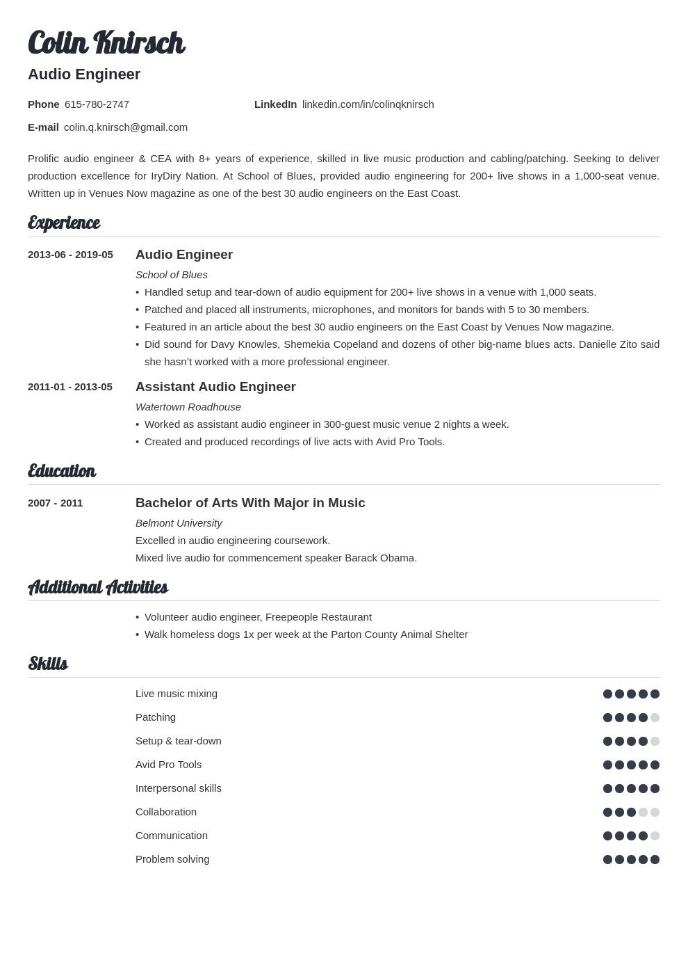Choose the audio engineering technology . Audio Engineer Resume Sample Also Live Sound Production