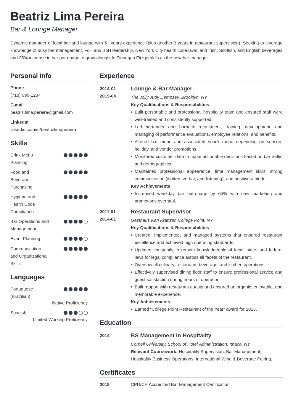 You're a top notch bartender. Bar Manager Resume: Sample & Complete Guide 20+ Tips