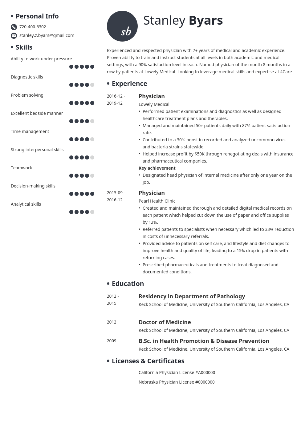 Physician Cv Example Curriculum Vitae Template