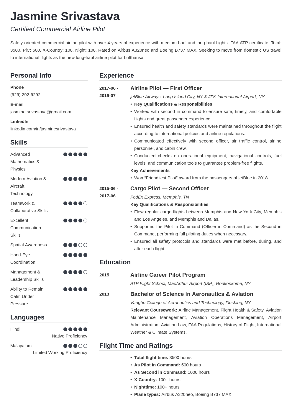 This range of professional cv templates for all career stages and industries along with example cvs provide you with everything you need to create a winning cv and step closer to landing the job you want. Pilot Resume Template & Examples for Aviation Professionals
