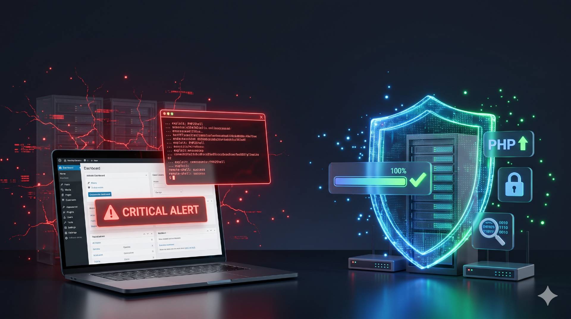 PHP2Shell vulnerability alert on a WordPress dashboard, with a server being protected by a PHP security update