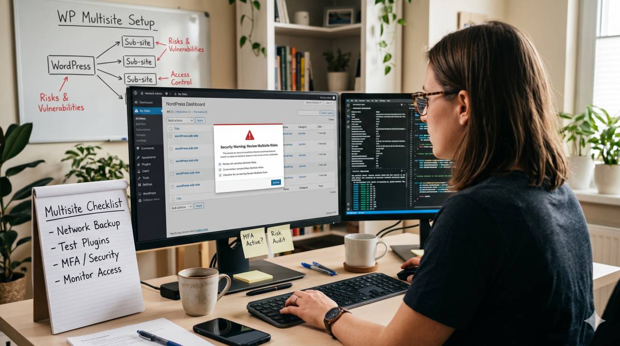 A developer configuring a WordPress multisite setup on a dual-monitor dashboard, alongside a whiteboard mapping sub-site architecture and a checklist for WordPress multi factor authentication and security risks.
