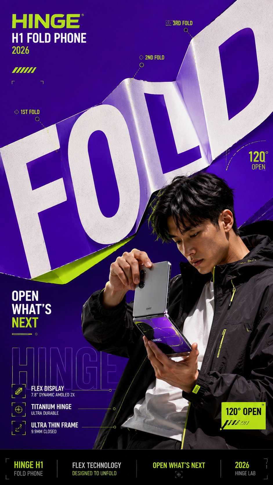 Editorial campaign poster with oversized folded typography