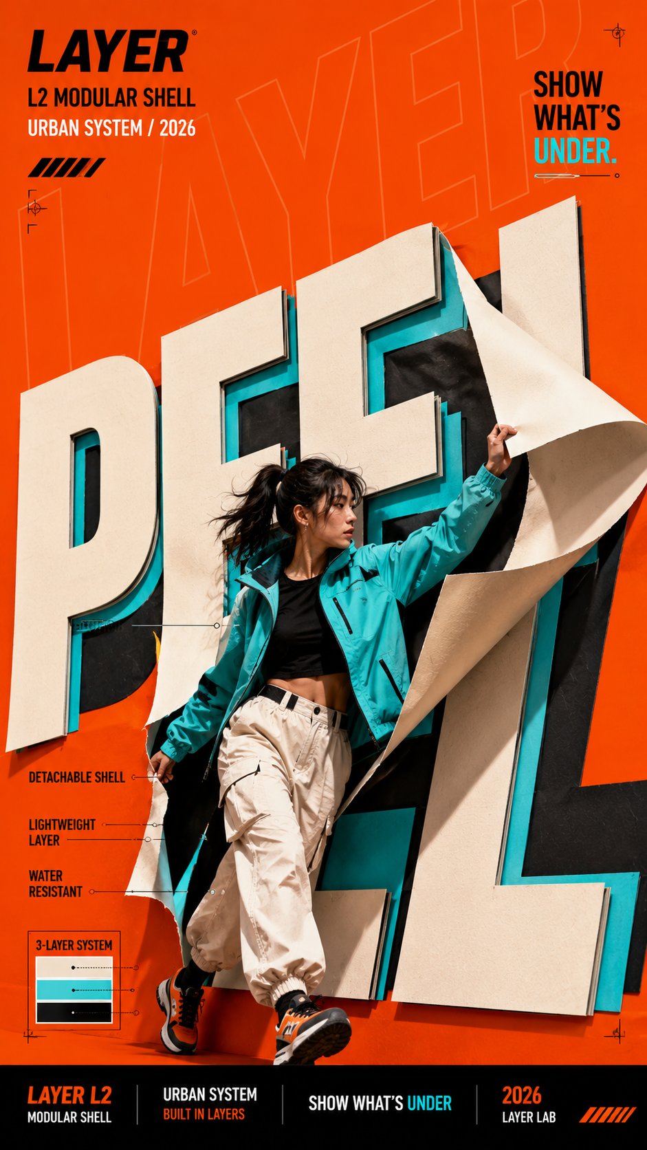 Editorial campaign poster with layered peeled typography