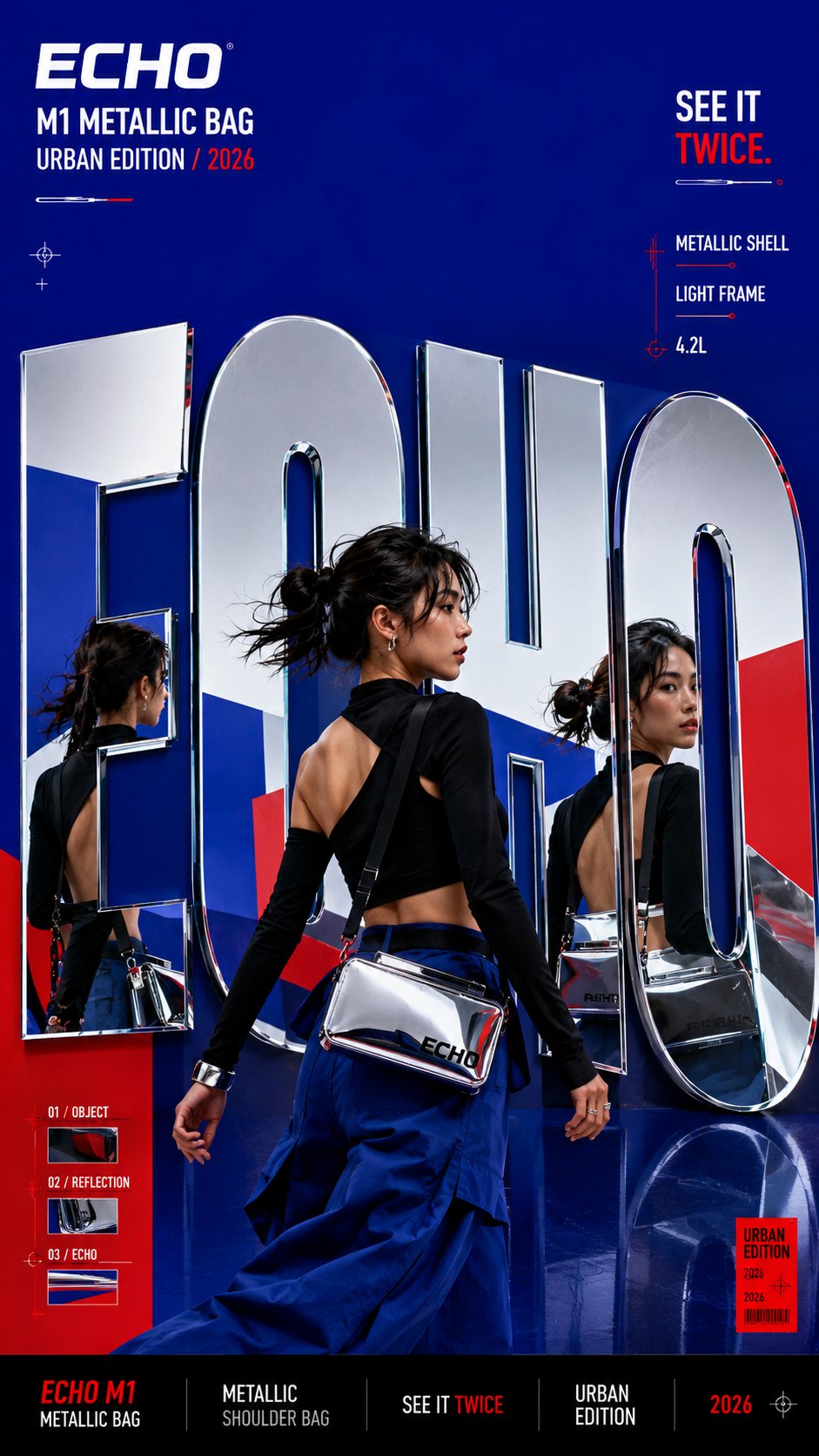 Editorial campaign poster with reflective typography