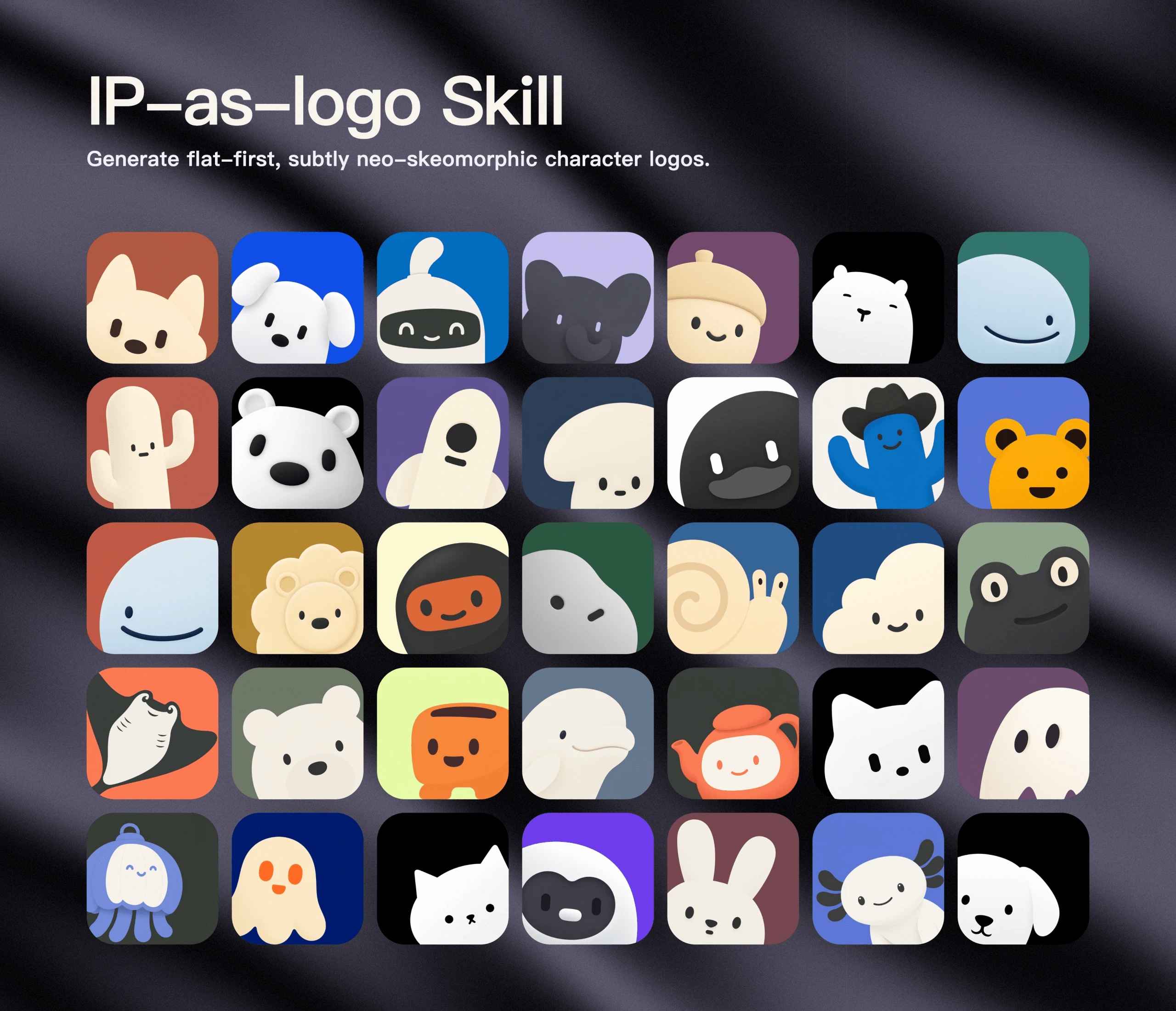 IP as Logo Skill showcase with simple rounded mascot characters on solid color backgrounds
