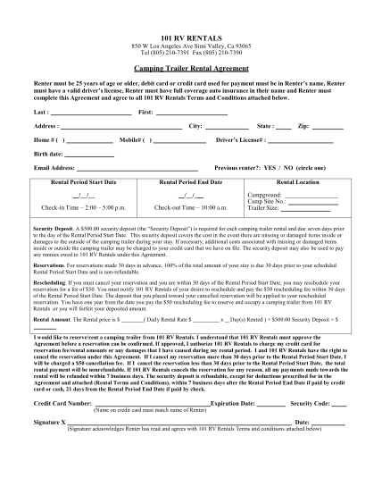 Free printable rv rental agreement