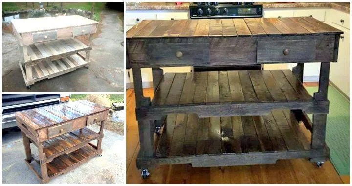 Rustic Pallet Kitchen Island with 3 x Vintage Style 1/2 bushel