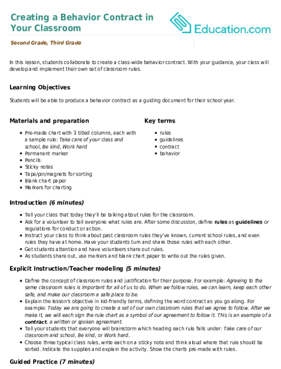 When a teacher seeks help in handling a difficult student, typically one of the first things recommended is a behavior contract. Creating A Behavior Contract In Your Classroom Lesson Plan Education Com Lesson Plan Education Com